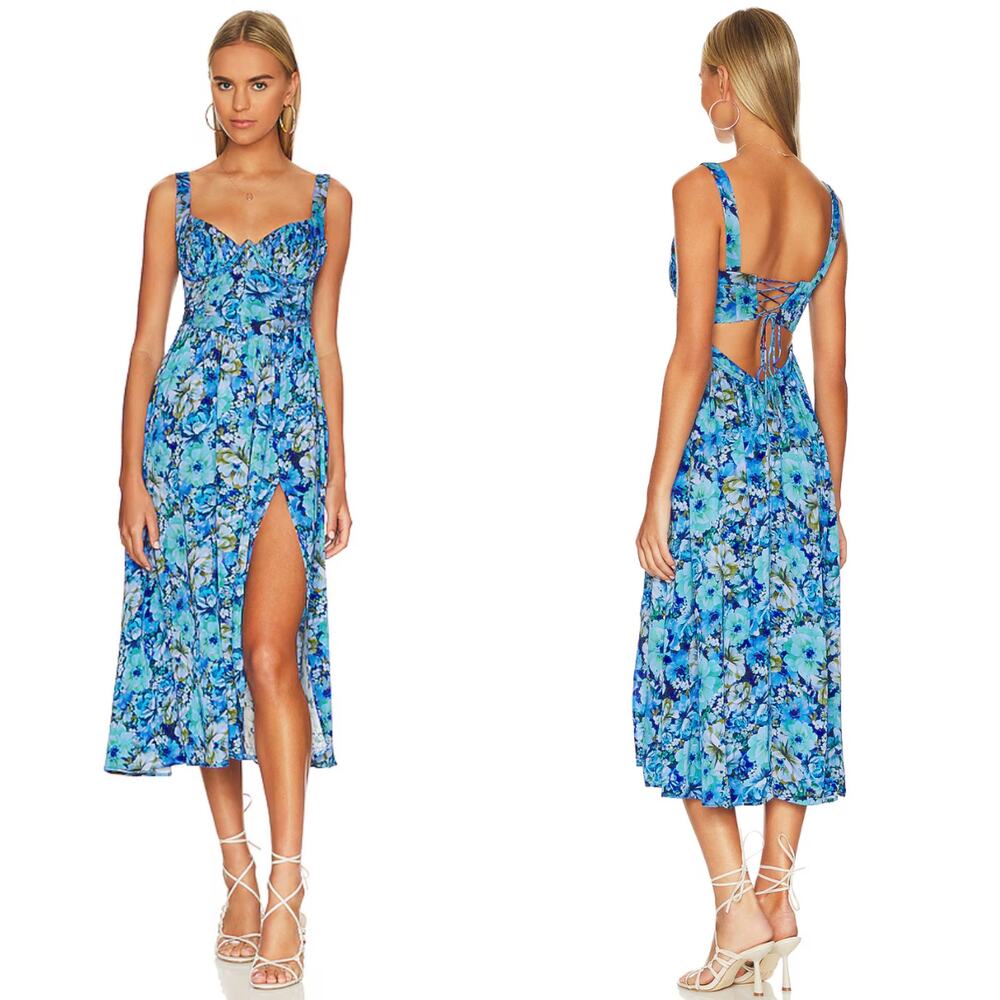 NWT For Love & Lemons Astor Midi Dress in Blue Size XL